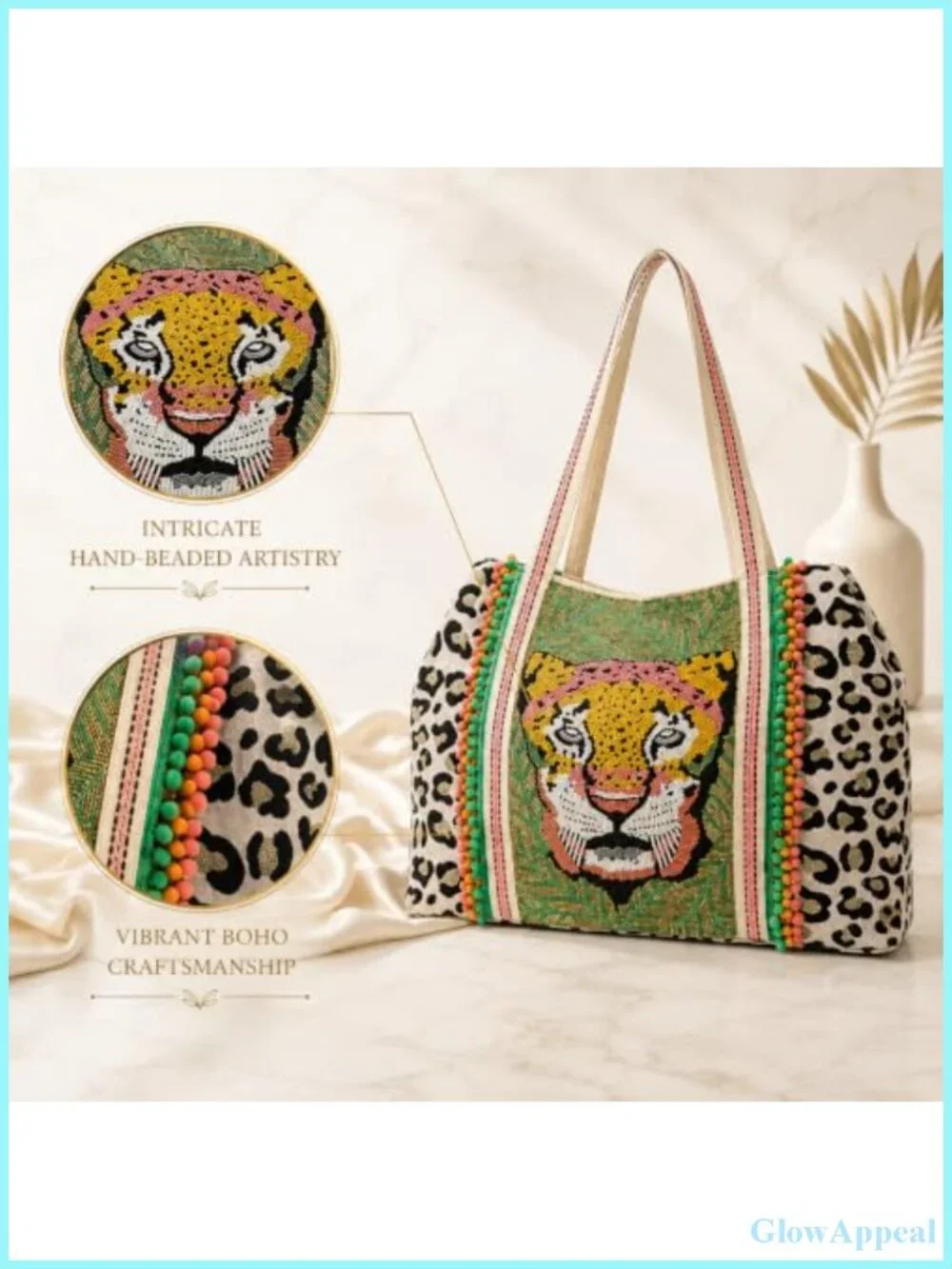Hand-Beaded Leopard Jacquard Tote Bag for Women with Pompom Embroidered Handle